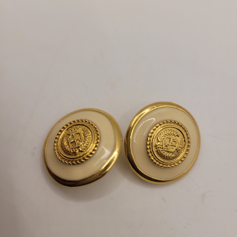 Vintage Liz Claiborne Button Gold White Enamel Crest Post Back Earrings
